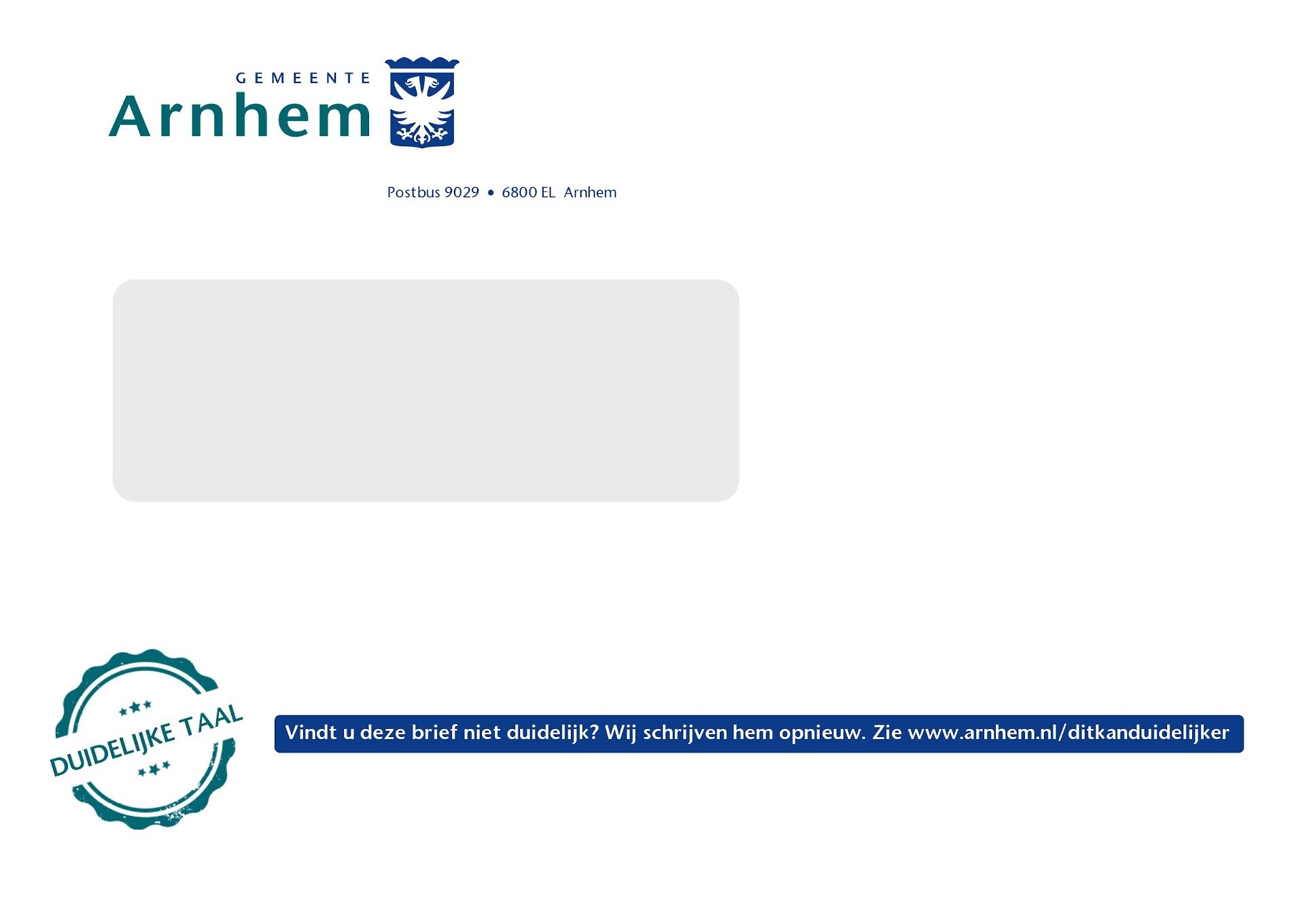 Terugstuur envelop met logo en adres van de gemeente, het logo Duidelijke Taal en de tekst 'Vindt u deze brief niet duidelijk? Wij schrijven hem opnieuw. Zie www.armhem.nl/ditkanduideijker