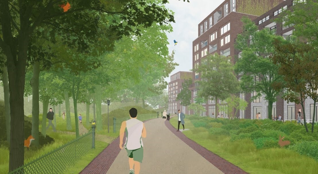 Impressie Schaapsdrift met aan linkerkant bomen en groenstrook, in het midden een hardlopende man op een voetpad en aan rechterkant groenstrook en woningen.