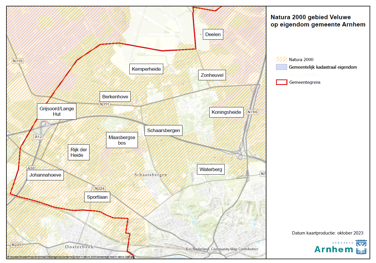 Natura 2000 gebieden van de gemeente Arnhem, beschrijving van de kaart volgt na de afbeelding